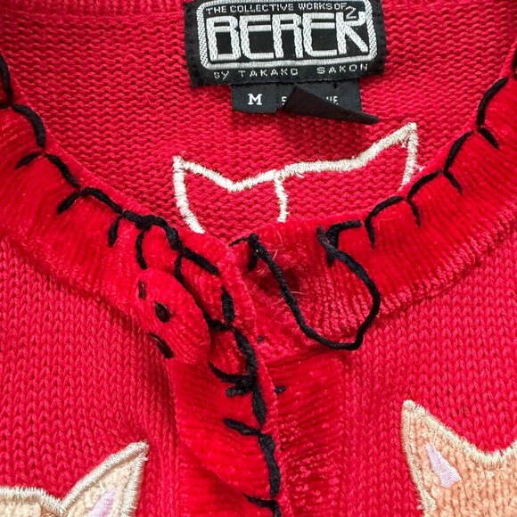 VINTAGE 80s Berek by Takako Sakon Red Cat Cardigan Sweater Medium - Picture 15 of 15